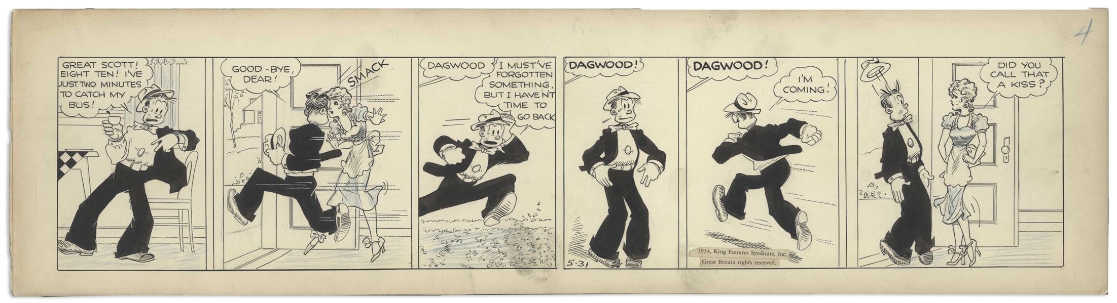 Chic Young Hand-Drawn ''Blondie'' Comic Strip From 1934 Titled ''Hen-'Pecked''' -- Dagwood Races Out the Door to Catch His Bus
